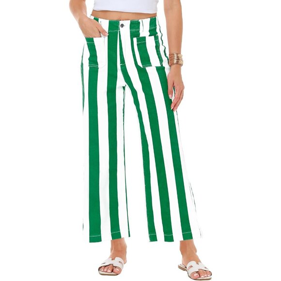 Women Striped Cropped Jeans Stretchy High Waist Wide Leg Pants Casual - Picture 4 of 7